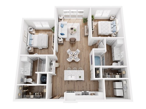 A top-down view of a modern, white-walled apartment with a kitchen, living room, and two bedrooms.